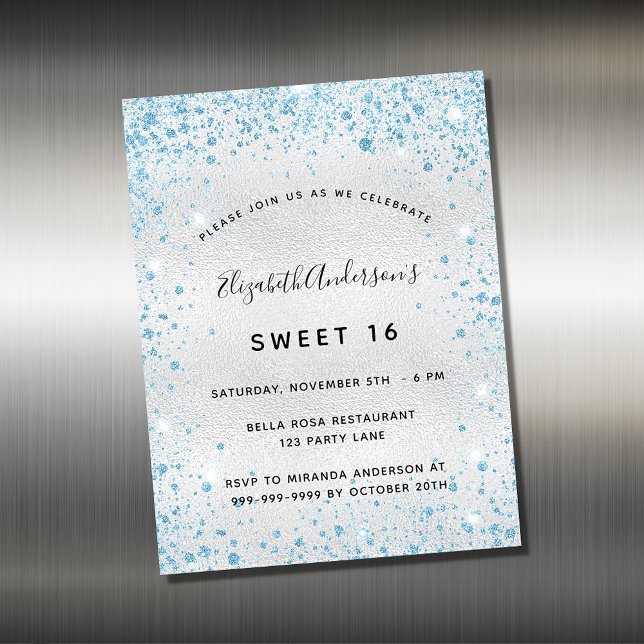 Sweet 16 silver blue glitter invitation magnet (Creator Uploaded)