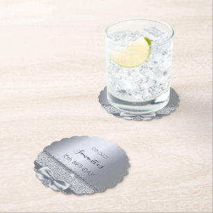 Sweet 16 silver bow elegant name paper coaster