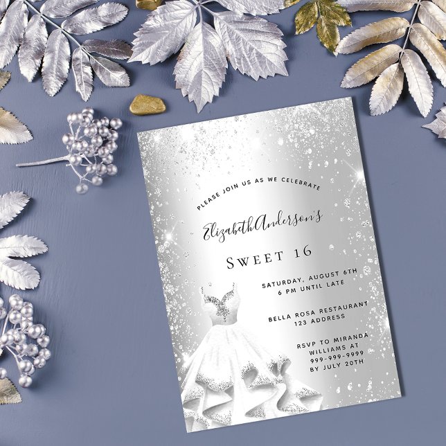 Sweet 16 silver dress glitter glamourous invitatio postcard (Creator Uploaded)