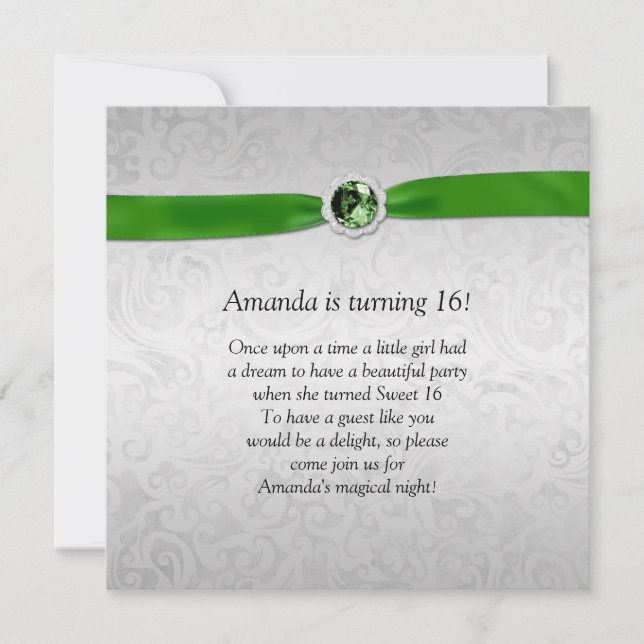 Sweet 16 Silver Emerald Green Ribbon Gemstone Invitation (Front)