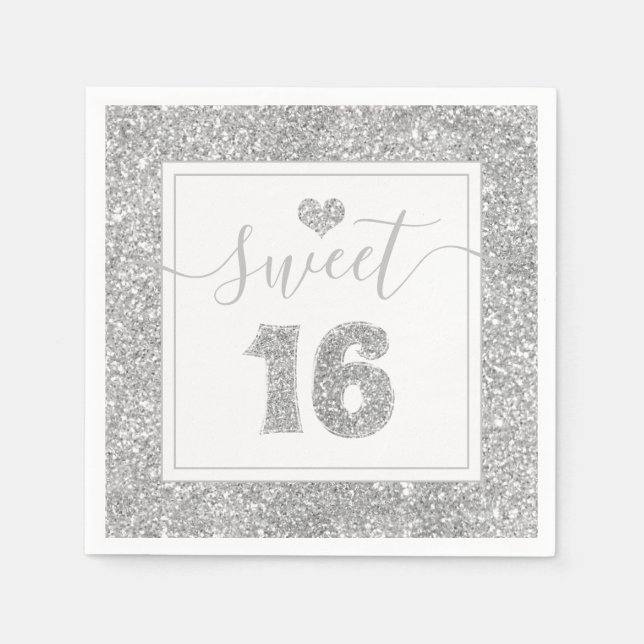 Sweet 16 Silver Faux Glitter Birthday Party Napkin (Front)