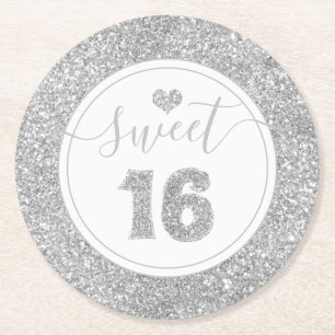 Sweet 16 Silver Faux Glitter Birthday Party Round Paper Coaster
