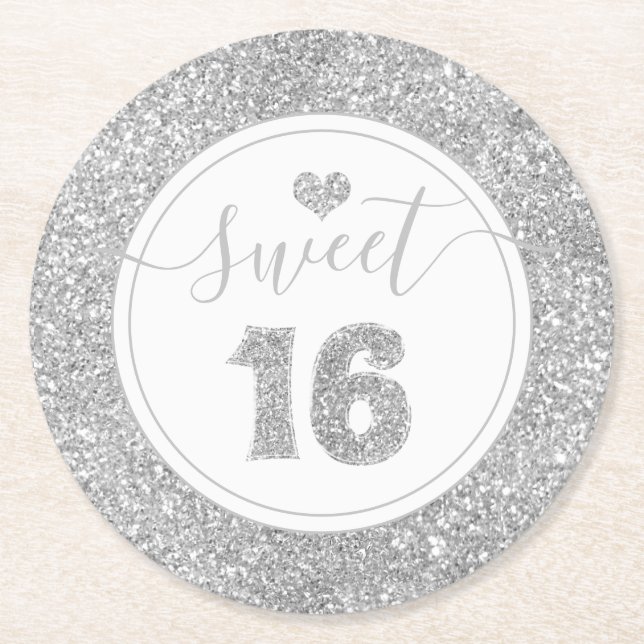Sweet 16 Silver Faux Glitter Birthday Party Round Paper Coaster (Front)