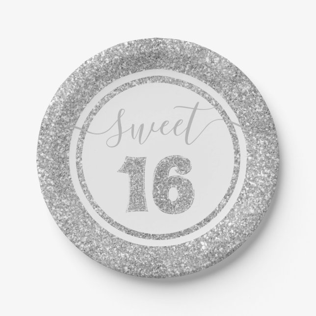 Sweet 16 Silver Faux Glitter Stripe Birthday Party Paper Plate (Front)