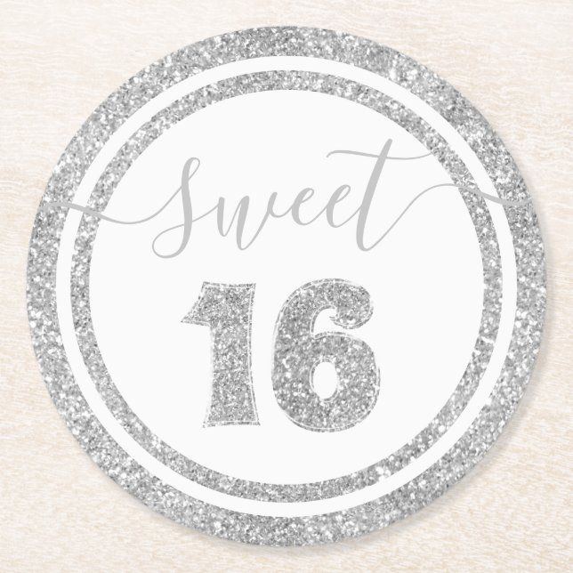 Sweet 16 Silver Faux Glitter Stripe Birthday Party Round Paper Coaster (Front)