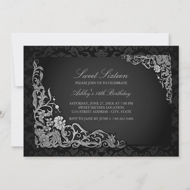 Sweet 16 | Silver Floral Damask Invite (Front)