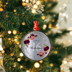 Sweet 16 silver floral geometric burgundy name metal tree decoration