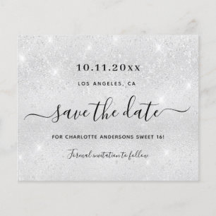 Sweet 16 silver glitter budget save the date flyer