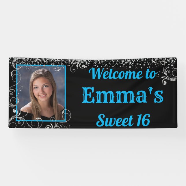 Sweet 16 Silver Glitter Confetti Sparkle Banner (Horizontal)
