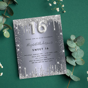 Sweet 16 silver glitter drips budget invitation flyer