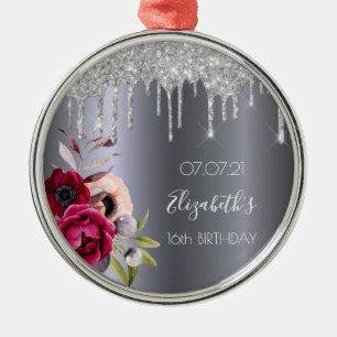 Sweet 16 silver glitter drips floral burgundy metal tree decoration