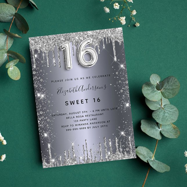 Sweet 16 silver glitter drips luxury invitation (Creator Uploaded)