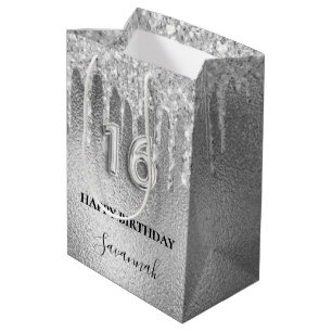 Sweet 16 silver glitter drips monogram 16th  medium gift bag