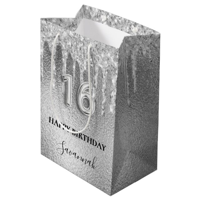 Sweet 16 silver glitter drips monogram 16th  medium gift bag (Back Angled)