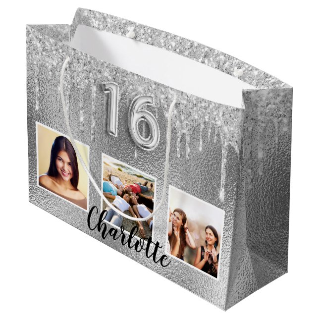 Sweet 16 silver glitter drips photo monogram 16th large gift bag (Back Angled)