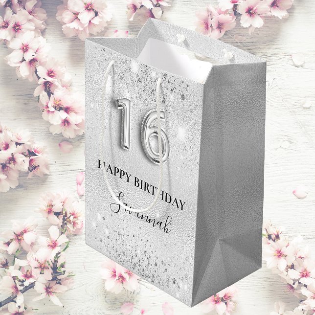 Sweet 16 silver glitter dust monogram birthday medium gift bag (Creator Uploaded)