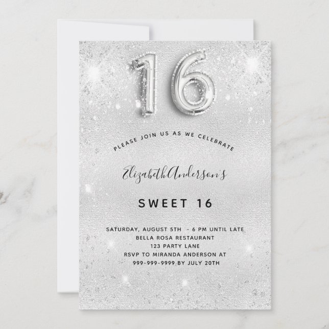 Sweet 16 silver glitter glamourous invitation (Front)