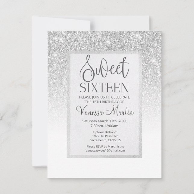 Sweet 16 Silver Glitter Glamourous Party Invitatio Invitation (Front)