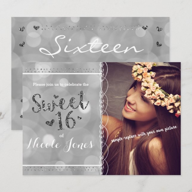 SWEET 16 Silver Glitter Party Photo Invitation (Front/Back)