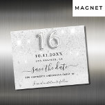 Sweet 16 silver glitter party save the date magnet<br><div class="desc">A girly and trendy Save the Date magnetic card for a Sweet 16, 16th birthday party. A faux silver looking background decorated with faux glitter drips, paint dripping look. Personalise and add a date and name. Black coloured letters. The text: Save the Date is written with a large trendy hand...</div>