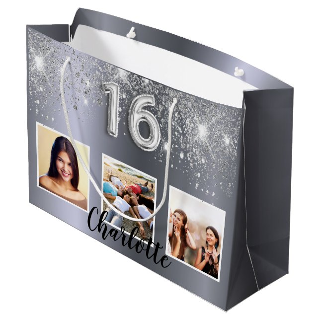 Sweet 16 silver glitter photo large gift bag (Back Angled)