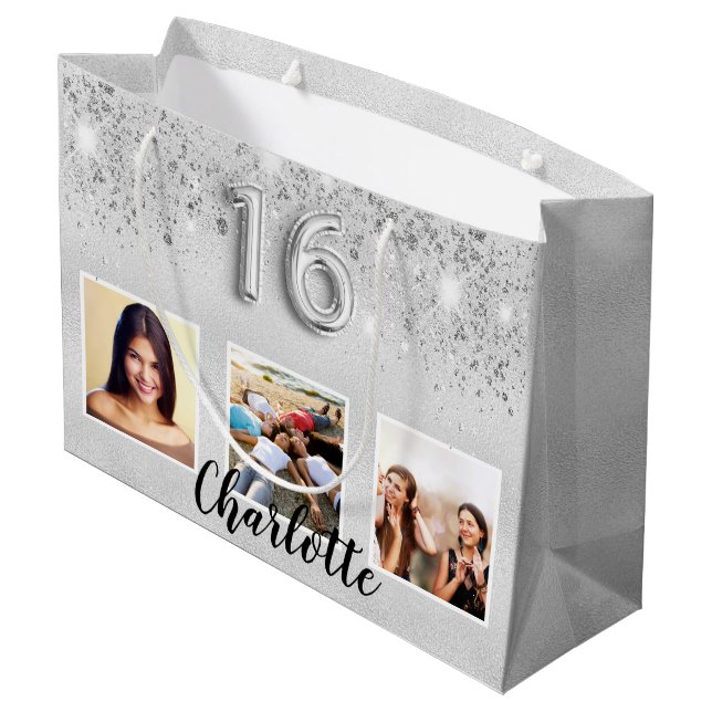 Sweet 16 silver glitter photo name chic large gift bag (Back Angled)