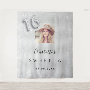 Sweet 16 silver glitter photo welcome tapestry