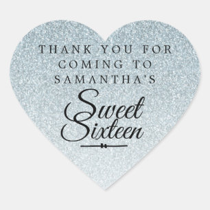 Sweet 16 Silver Glitter Thank You Custom Name Heart Sticker