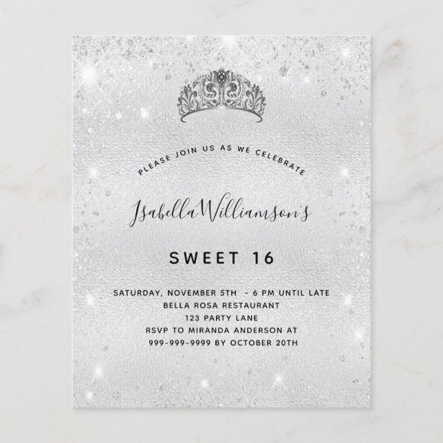 Sweet 16 silver glitter tiara invitation (Front)