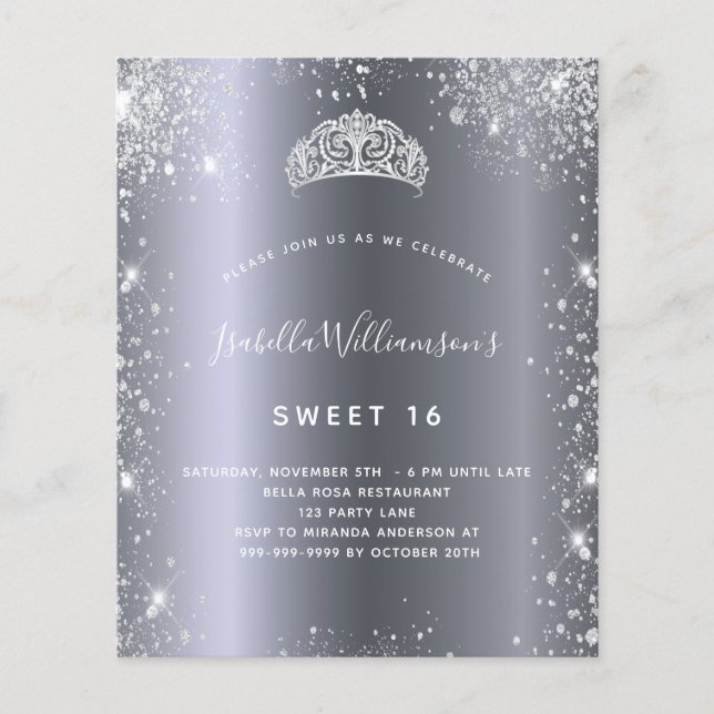 Sweet 16 silver glitter tiara invitation (Front)