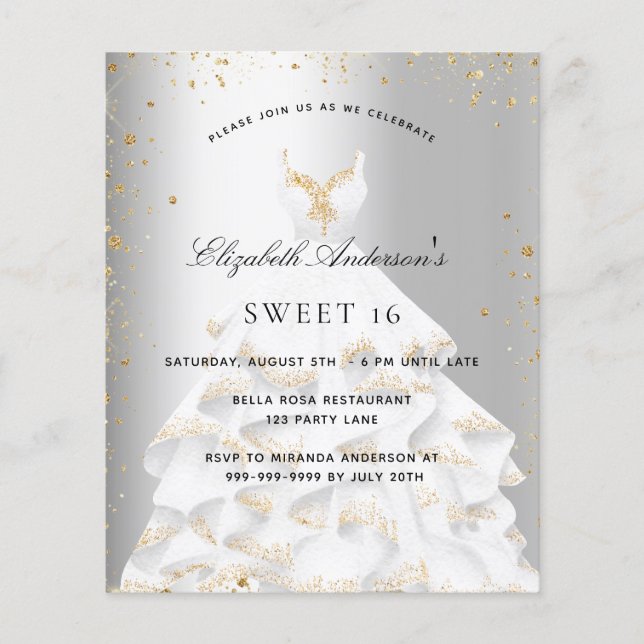 Sweet 16 silver gold dress budget invitation flyer (Front)