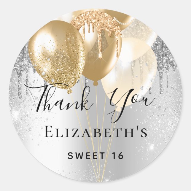 Sweet 16 silver gold glitter balloons thank you classic round sticker (Front)