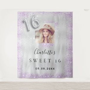 Sweet 16 silver photo purple glitter dust welcome tapestry
