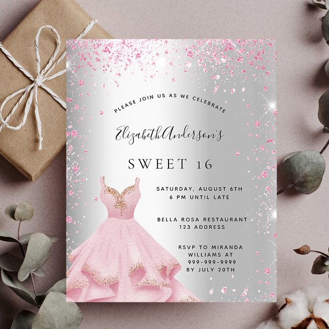 Sweet 16 silver pink dress budget invitation flyer (Creator Uploaded)