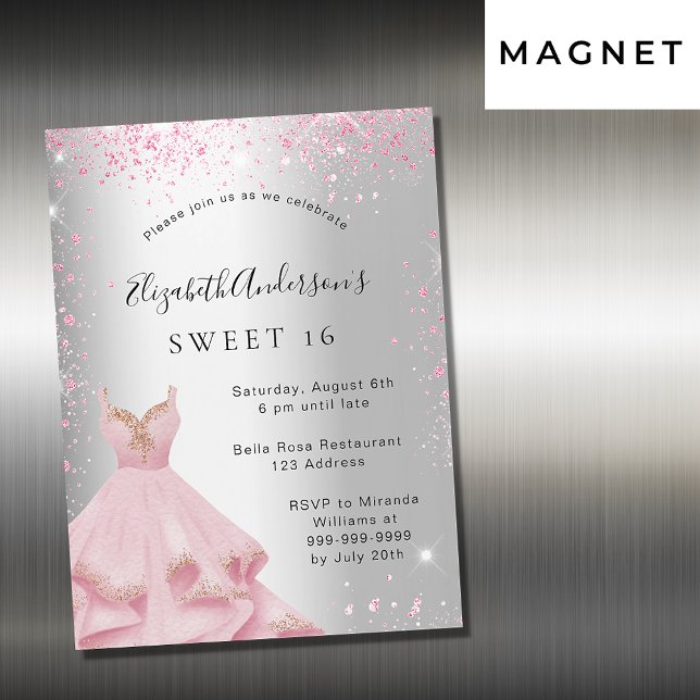 Sweet 16 silver pink dress glitter luxury magnetic invitation (Creator Uploaded)