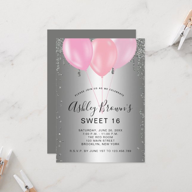 Sweet 16 Silver Pink Glitter Balloons Invitation (Front/Back In Situ)