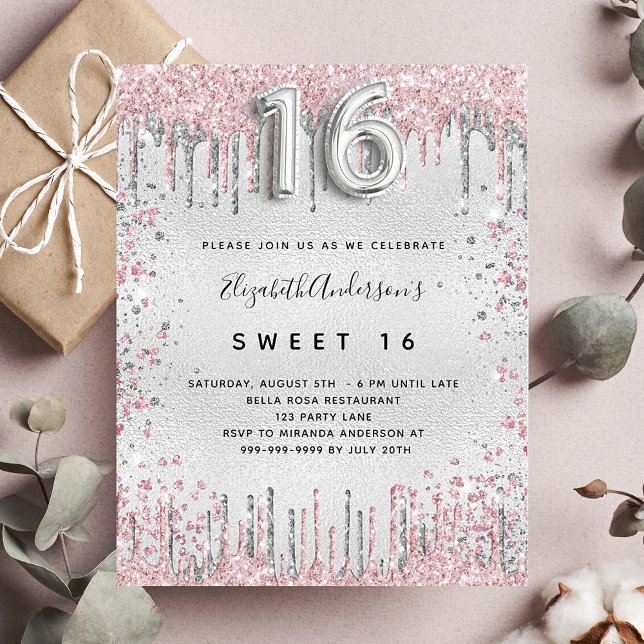 Sweet 16 silver pink glitter drips invitation (Creator Uploaded)
