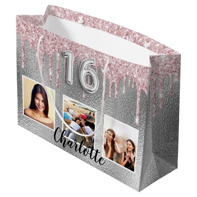Sweet 16 silver pink glitter drips photo name large gift bag (Back Angled)