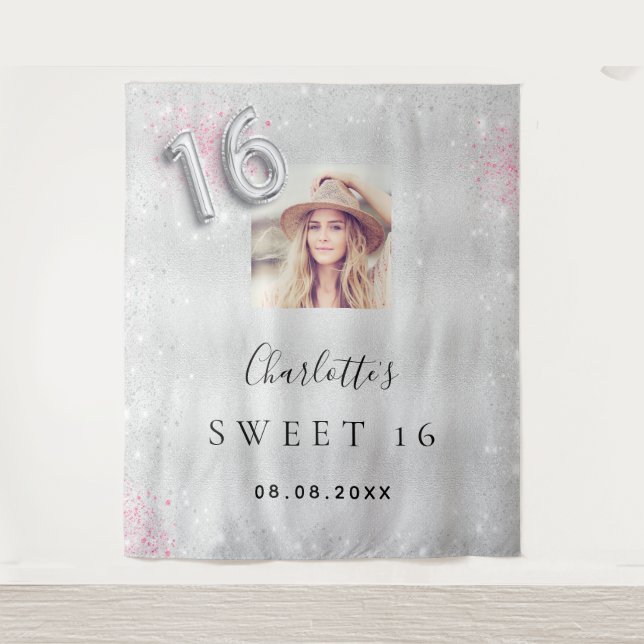 Sweet 16 silver pink photo glitter welcome tapestry (Front)