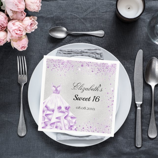 Sweet 16 silver purple glitter dress name napkin (Creator Uploaded)