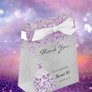 Sweet 16 silver purple glitter dress thank you favour box