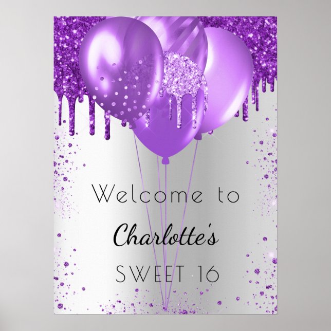 Sweet 16 silver purple glitter welcome balloons poster (Front)