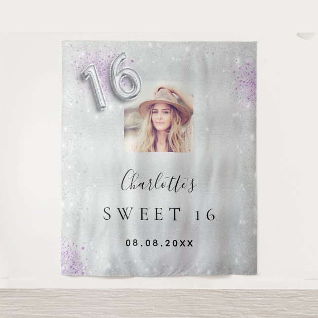 Sweet 16 silver purple photo glitter dust welcome  tapestry (Front)