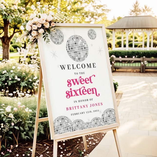 Sweet 16 Silver Retro Disco PINK Glitter welcome Poster (Creator Uploaded)