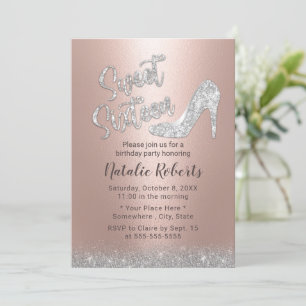 Sweet 16 Silver & Rose Gold Glitter Girl Birthday Invitation