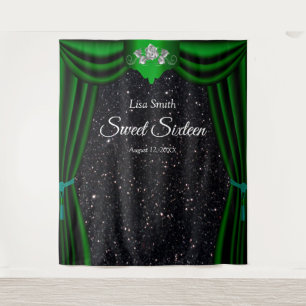 Sweet 16 Silver Rose Green Curtain Black Glitter Tapestry