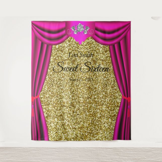 Sweet 16 Silver Rose Pink Curtain Gold Glitter Tapestry (Front)