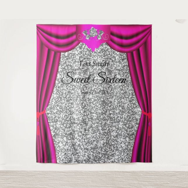Sweet 16 Silver Rose Pink Curtain Silver Glitter Tapestry (Front)