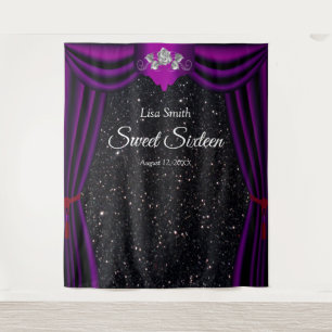 Sweet 16 Silver Rose Purple Curtain Black Glitter Tapestry