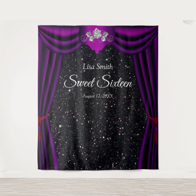 Sweet 16 Silver Rose Purple Curtain Black Glitter Tapestry (Front)
